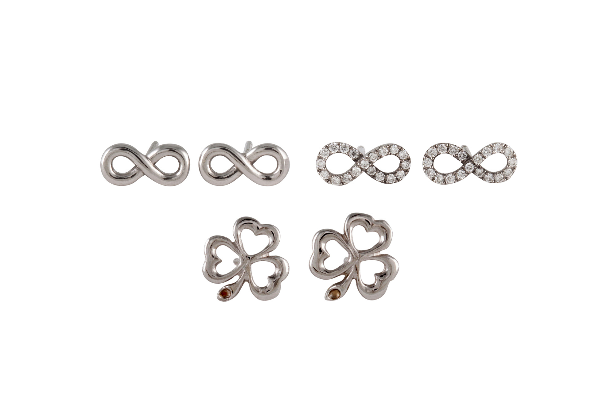 TWO PAIRS OF INFINITY EARRINGS, one diamond set, together with a pair of 10ct gold shamrock