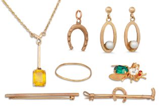 THREE GOLD BROOCHES, together with a pendant, chain and earrings, 14.6 g.