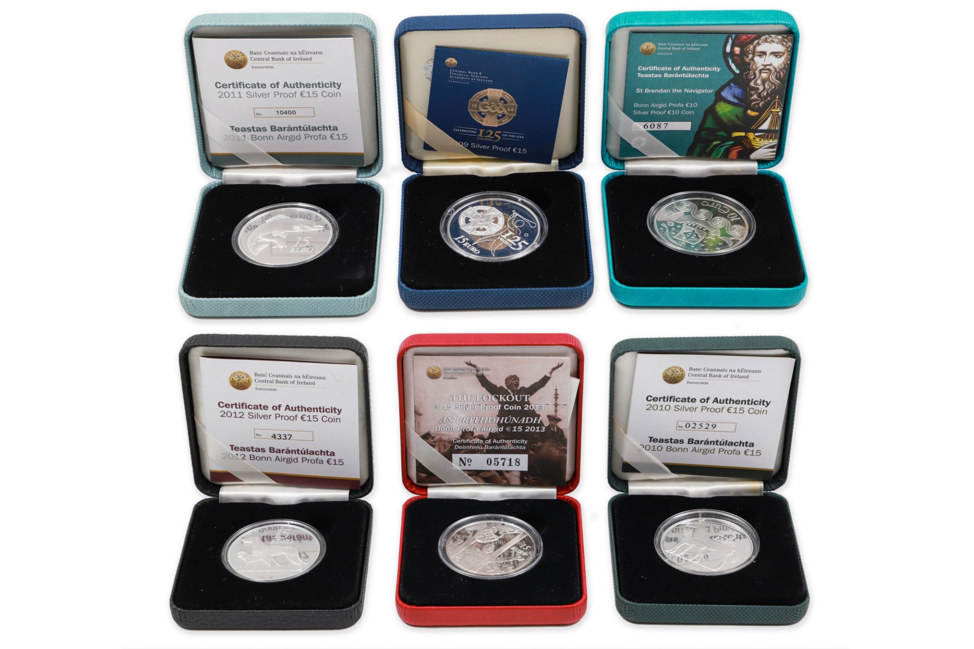 2009/2013 5 X IRISH €15 and 1 x €10 SILVER PROOF 38MM COINS, COA & cases, 28 g. 92.5% silver, 2009