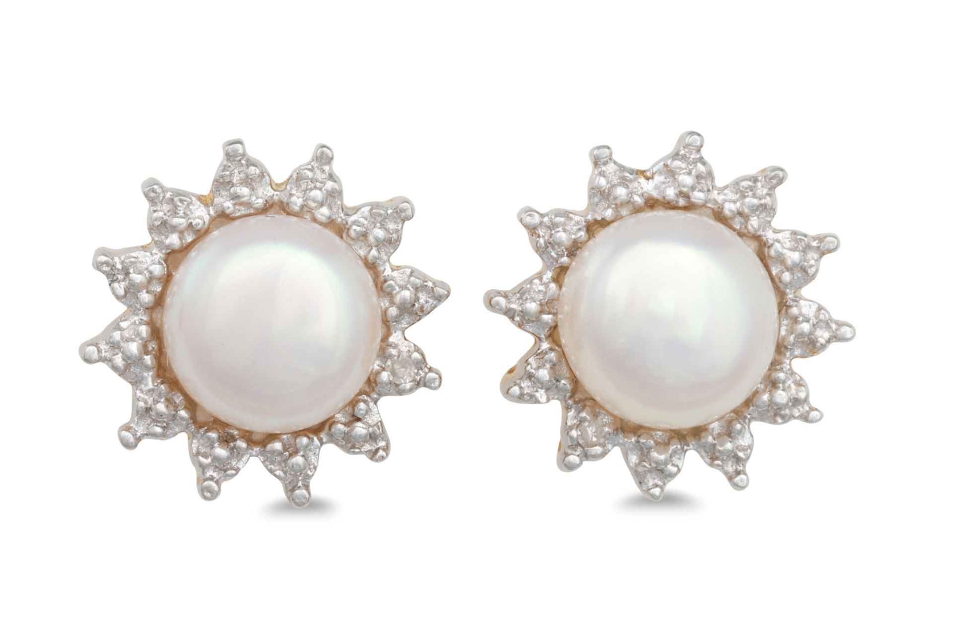 A PAIR OF DIAMOND AND PEARL CLUSTER EARRINGS, the white tone pearl to a diamond surround, mounted in