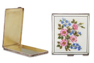 TWO VINTAGE SILVER CIGARETTE CARD CASES, silver hallmark, one with floral enamel decoration, 226 g.