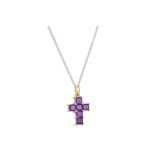 AN AMETHYST CROSS, mounted in 9ct gold on a yellow gold chain