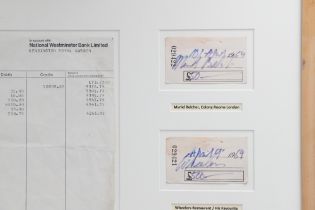 A FRAMED COLLECTION OF CHEQUE STUBS FROM ARTIST FRANCIS BACON, 1909 - 1992