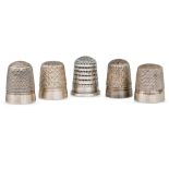 A COLLECTION OF FIVE SILVER CHARLES HORNER THIMBLES