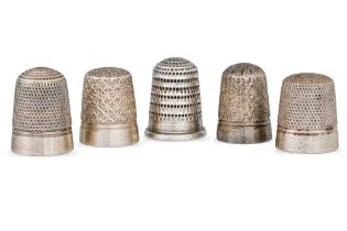 A COLLECTION OF FIVE SILVER CHARLES HORNER THIMBLES