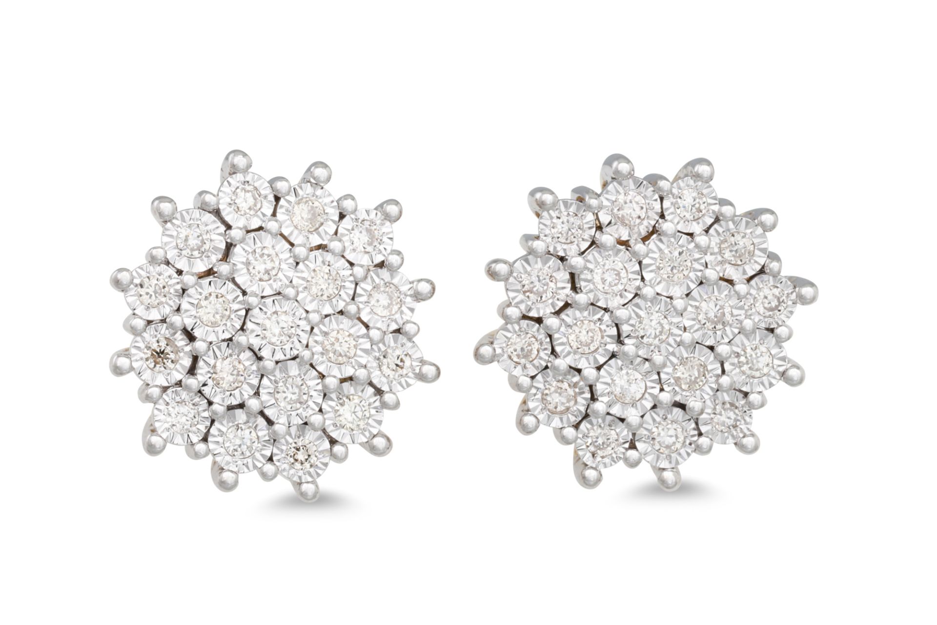A PAIR OF DIAMOND CLUSTER EARRINGS, mounted in 9ct yellow gold