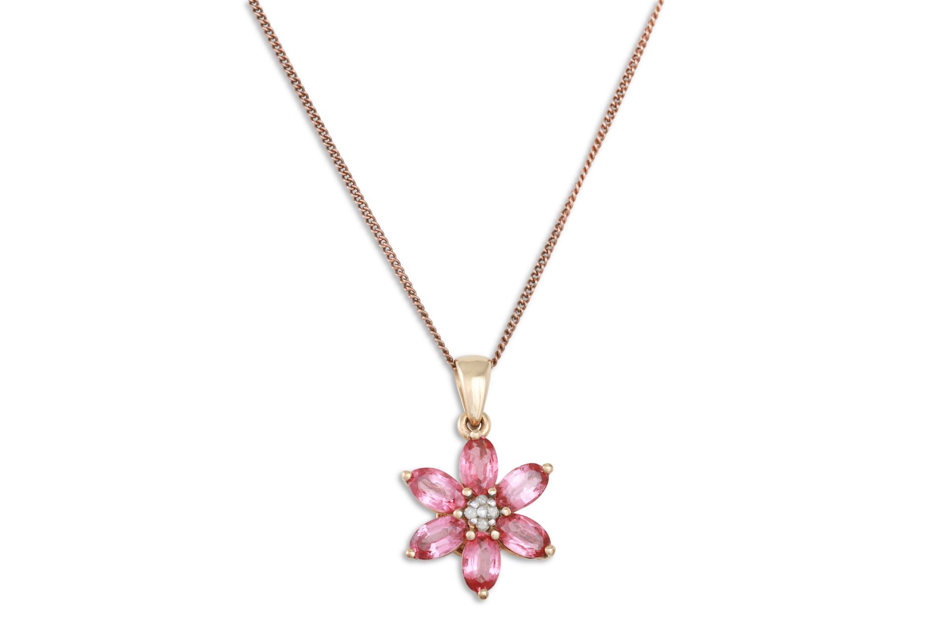A PINK TOPAZ AND DIAMOND CLUSTER PENDANT, in the form of a flower, on a chain