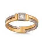 A DIAMOND SOLITAIRE RING, the princess cut diamond mounted in platinum and 18ct gold, size M