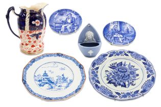 A COLLECTION OF ANTIQUE AND LATER BLUE AND WHITE CERAMICS, to include a Victorian Staffordshire jug,