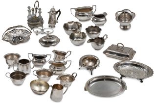 A LARGE COLLECTION OF ANTIQUE, VINTAGE AND LATER SILVER PLATED ITEMS, to include an entrée dish,