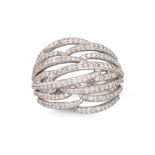A DIAMOND CLUSTER RING, of openwork form, mounted in 18ct white gold, size M. Estimated: weight of