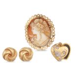 A COLLECTION OF JEWELLERY ITEMS, a pair of gold knot earrings, a 9ct gold heart locket and a 9ct