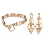 A 9CT YELLOW GOLD GATE BRACELET, together with a pair of matching 9ct yellow gold earrings, 10 g.
