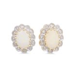 A PAIR OF OPAL AND DIAMOND CLUSTER EARRINGS, the oval opal to illusion set diamond surround, mounted
