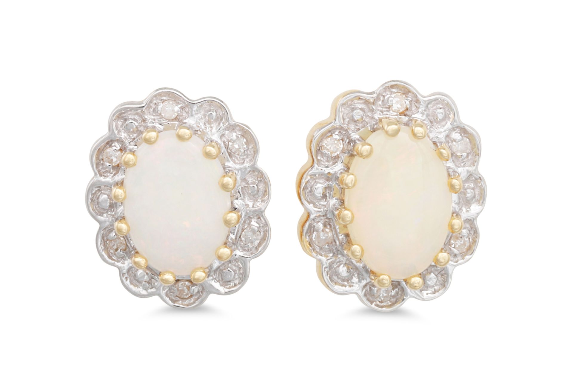 A PAIR OF OPAL AND DIAMOND CLUSTER EARRINGS, the oval opal to illusion set diamond surround, mounted