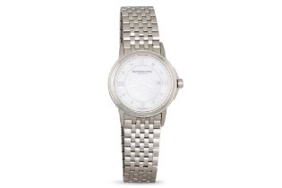 A LADY'S RAYMOND WEIL MOTHER OF PEARL WRISTWATCH, stainless steel strap, Roman numerals, date & box