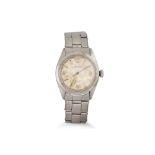 A GENT'S VINTAGE ROLEX OYSTER PERPETUAL STAINLESS STEEL WRISTWATCH, bubble back, face with baton &