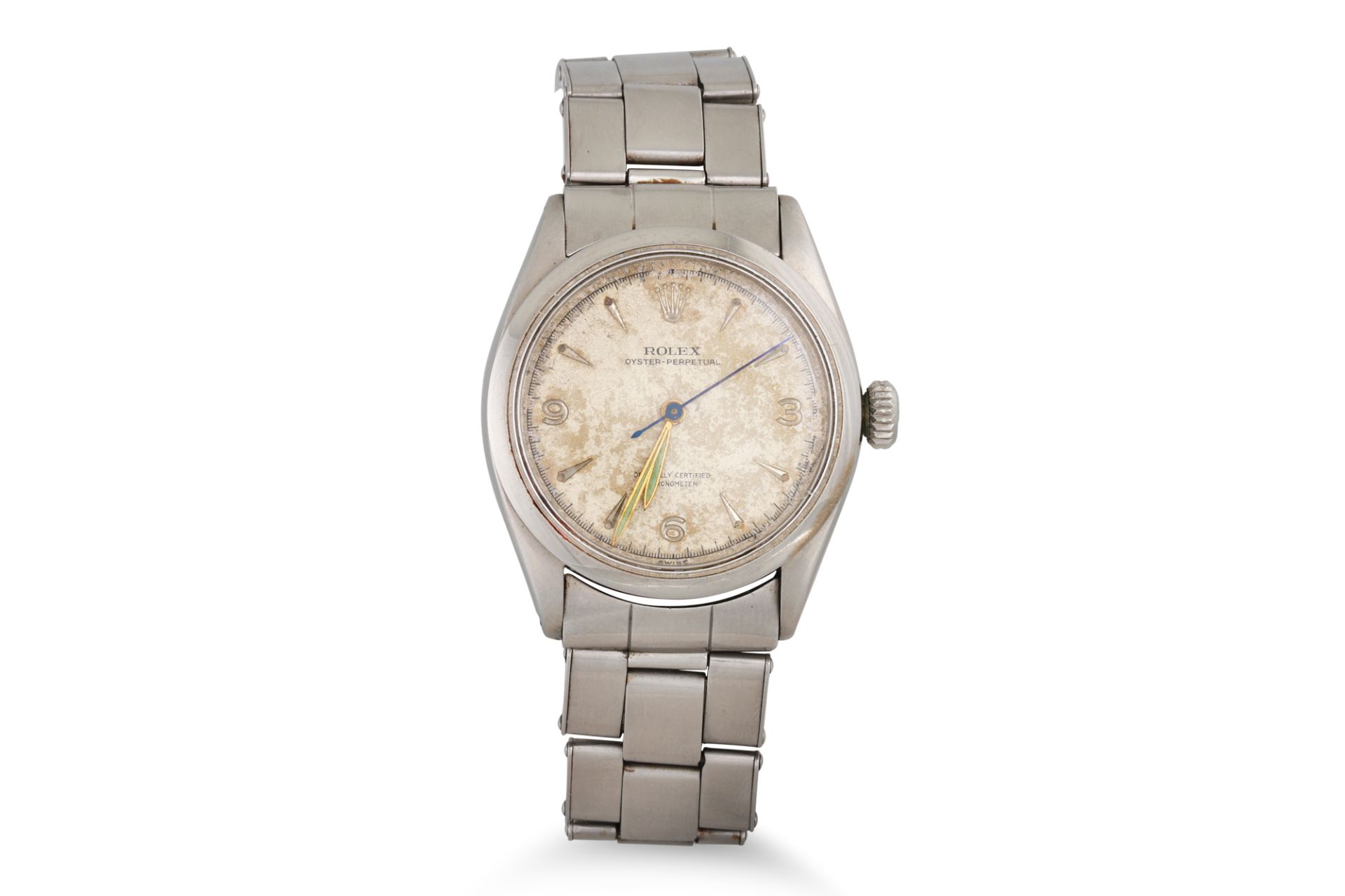 A GENT'S VINTAGE ROLEX OYSTER PERPETUAL STAINLESS STEEL WRISTWATCH, bubble back, face with baton &