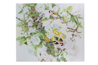 ELIZABETH WALSH (Isle of Man, Contemporary), 'Goldfinches with Fledglings', watercolour, signed,