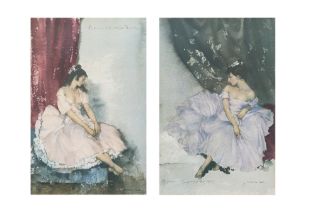 A PAIR OF PRINTS, after sir Russell Flint, both depicting ballerinas, 40 x 59 cm.
