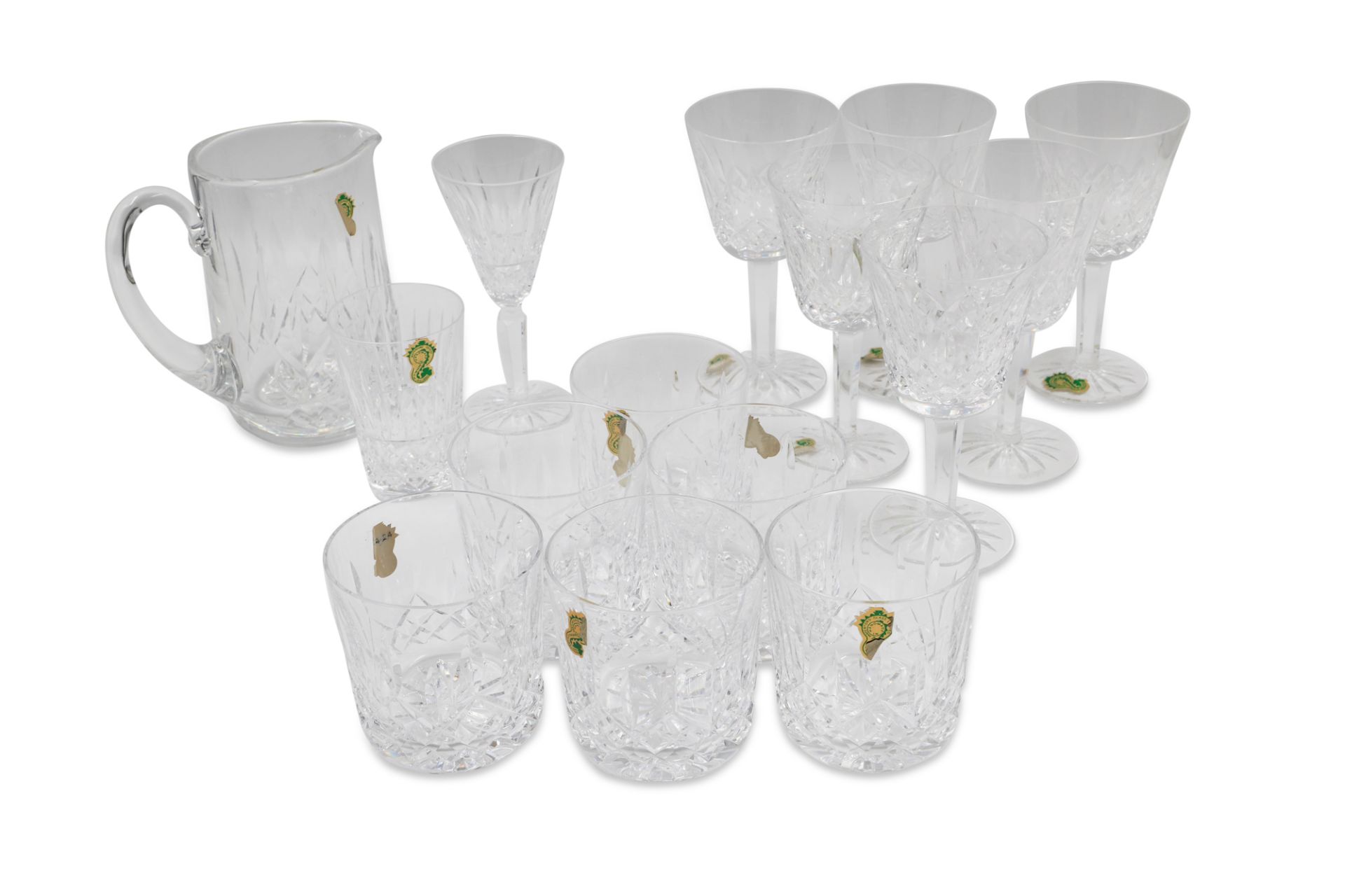 A MATCHING SET OF MODERN WATERFORD CRYSTAL DRINKING GLASSWARE, comprising six wine glasses, six