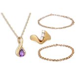 A LOT COMPRISING; A DIAMOND THREE STONE RING, mounted in 18ct gold, together with an amethyst and