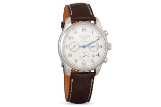 A GENT'S LONGINES AUTOMATIC CHRONOGRAPH STAINLESS STEEL WRISTWATCH, grey face, Arabic numerals,