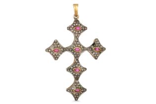 AN ORTHODOX DIAMOND AND RUBY SET CROSS, mounted in silver