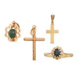 A COLLECTION OF 18CT GOLD ITEMS, comprising two crosses, a pendant and a sapphire and diamond ring