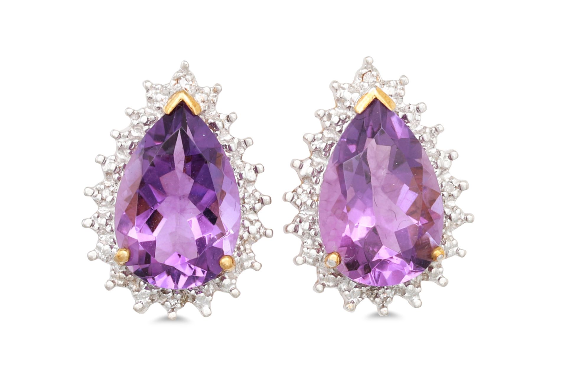 A PAIR OF DIAMOND AND AMETHYST CLUSTER EARRINGS, the pear shaped amethyst to diamond surround,