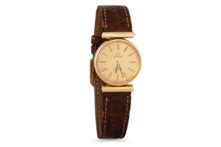 A LADY'S OMEGA DE VILLE WRISTWATCH, champagne face with baton makers, leather strap