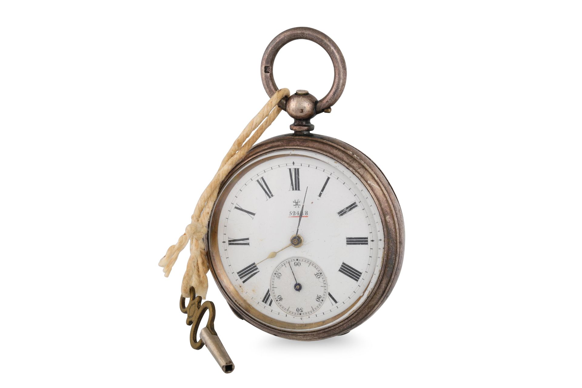 A VICTORIAN SILVER CASED OPEN FACED POCKET WATCH, white enamel dial with Roman numerals, seperate