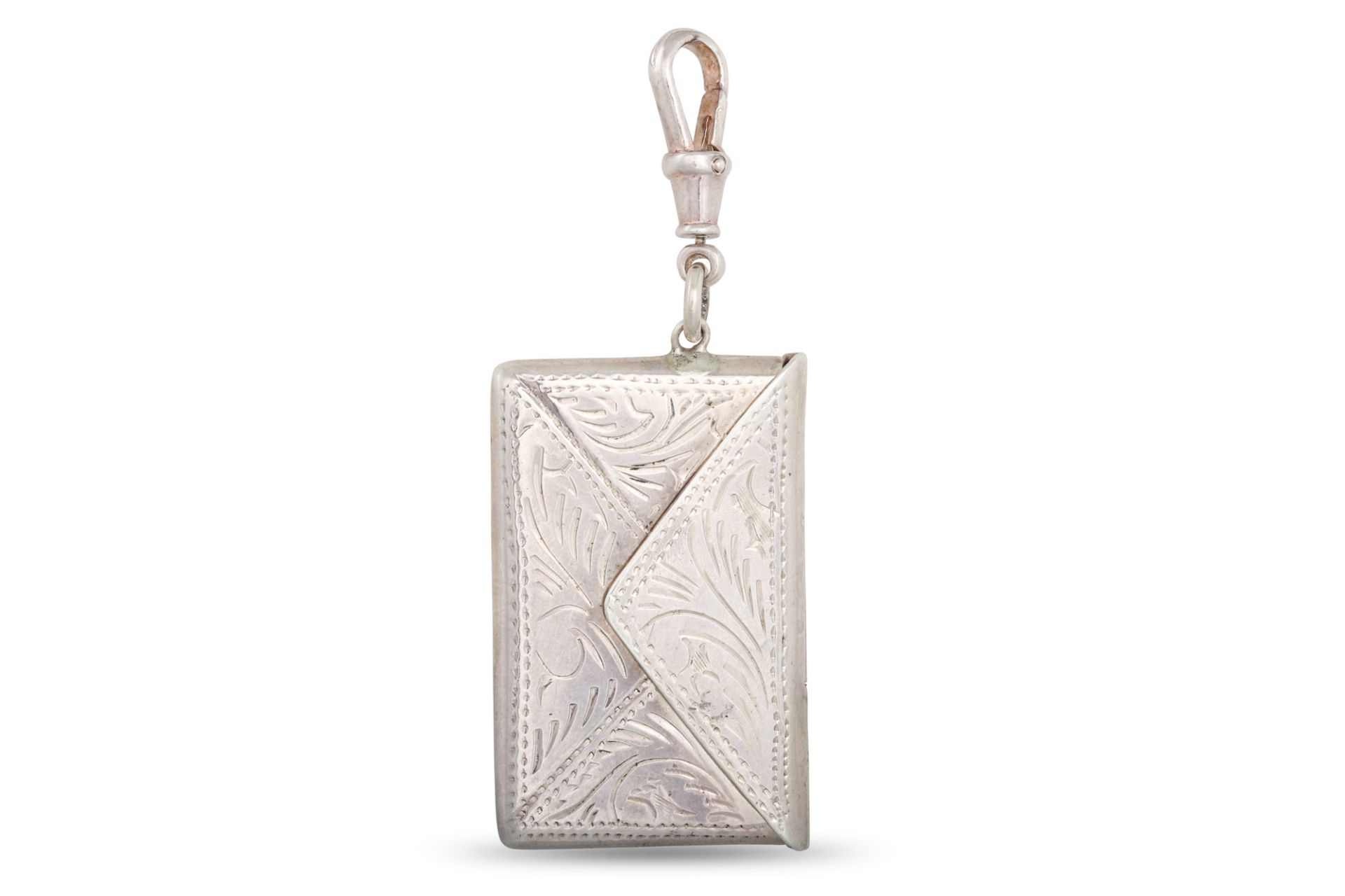 AN ANTIQUE SILVER STAMP CASE PENDANT, inscribed JW