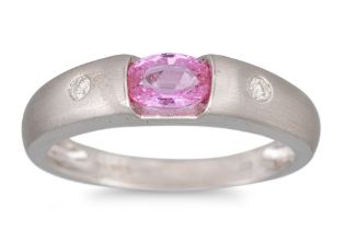 A PINK SAPPHIRE AND DIAMOND RING, the pink sapphire to round brilliant cut diamond sides, mounted in