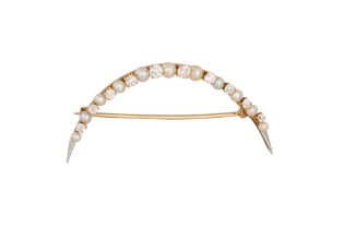 A VICTORIAN PEARL AND DIAMOND CRESCENT BROOCH, set with alternating old cut diamonds and pearls,