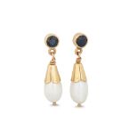 A PAIR OF CULTURED PEARL AND SAPPHIRE DROP EARRINGS, mounted in yellow gold, screw back fittings,