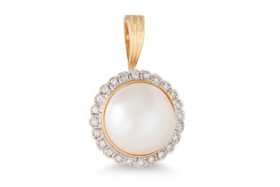 A MABÉ PEARL AND DIAMOND CLUSTER PENDANT, mounted in 14ct gold. Estimated: weight of diamonds: 0.