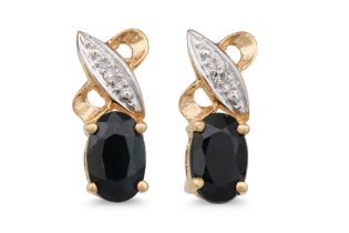 A PAIR OF DIAMOND AND SAPPHIRE EARRINGS, mounted in gold