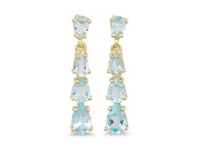 A PAIR OF TOPAZ DROP EARRINGS, mounted in 9ct yellow gold