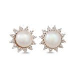 A PAIR OF DIAMOND AND PEARL EARRINGS, cream tones, mounted in white gold
