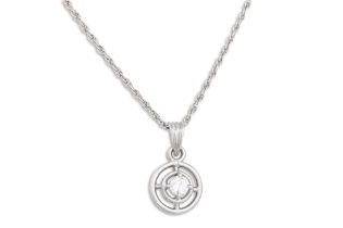 A VINTAGE DIAMOND SOLITAIRE PENDANT, the diamond in a white gold circular openwork mount, on a