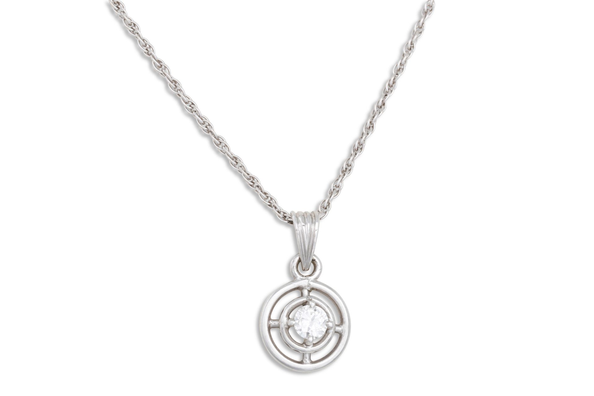 A VINTAGE DIAMOND SOLITAIRE PENDANT, the diamond in a white gold circular openwork mount, on a