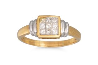 A DIAMOND CLUSTER RING, set with princess cut diamonds, mounted in 18ct yellow gold. Estimated: