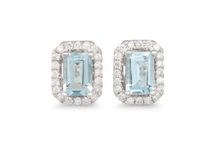 A PAIR OF DIAMOND AND AQUAMARINE CLUSTER EARRINGS, the rectangular aquamarines to diamond surrounds,