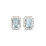 A PAIR OF DIAMOND AND AQUAMARINE CLUSTER EARRINGS, the rectangular aquamarines to diamond surrounds,