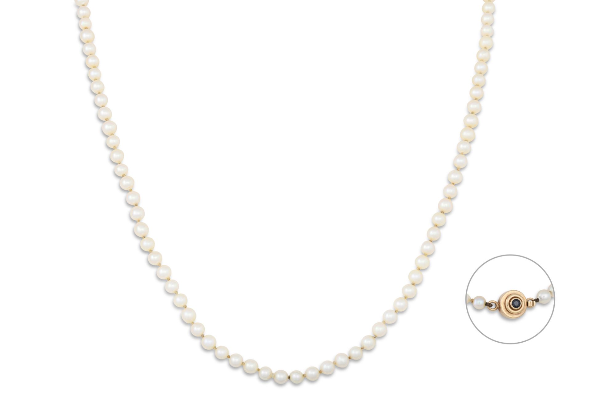 A CULTURED PEARL NECKLACE, with circular sapphire and yellow gold clasp, made by Emma Stewart