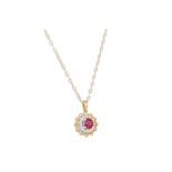 A DIAMOND AND RUBY PENDANT, the circular ruby to diamond surround, mounted in 9ct gold on a chain