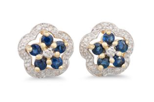 A PAIR OF DIAMOND AND SAPPHIRE CLUSTER EARRING, mounted in 9ct yellow gold
