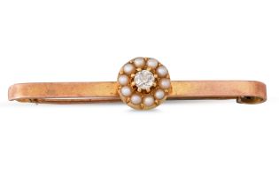 AN ANTIQUE DIAMOND AND PEARL BROOCH, the centre old cut diamond and pearl cluster mounted on 15ct