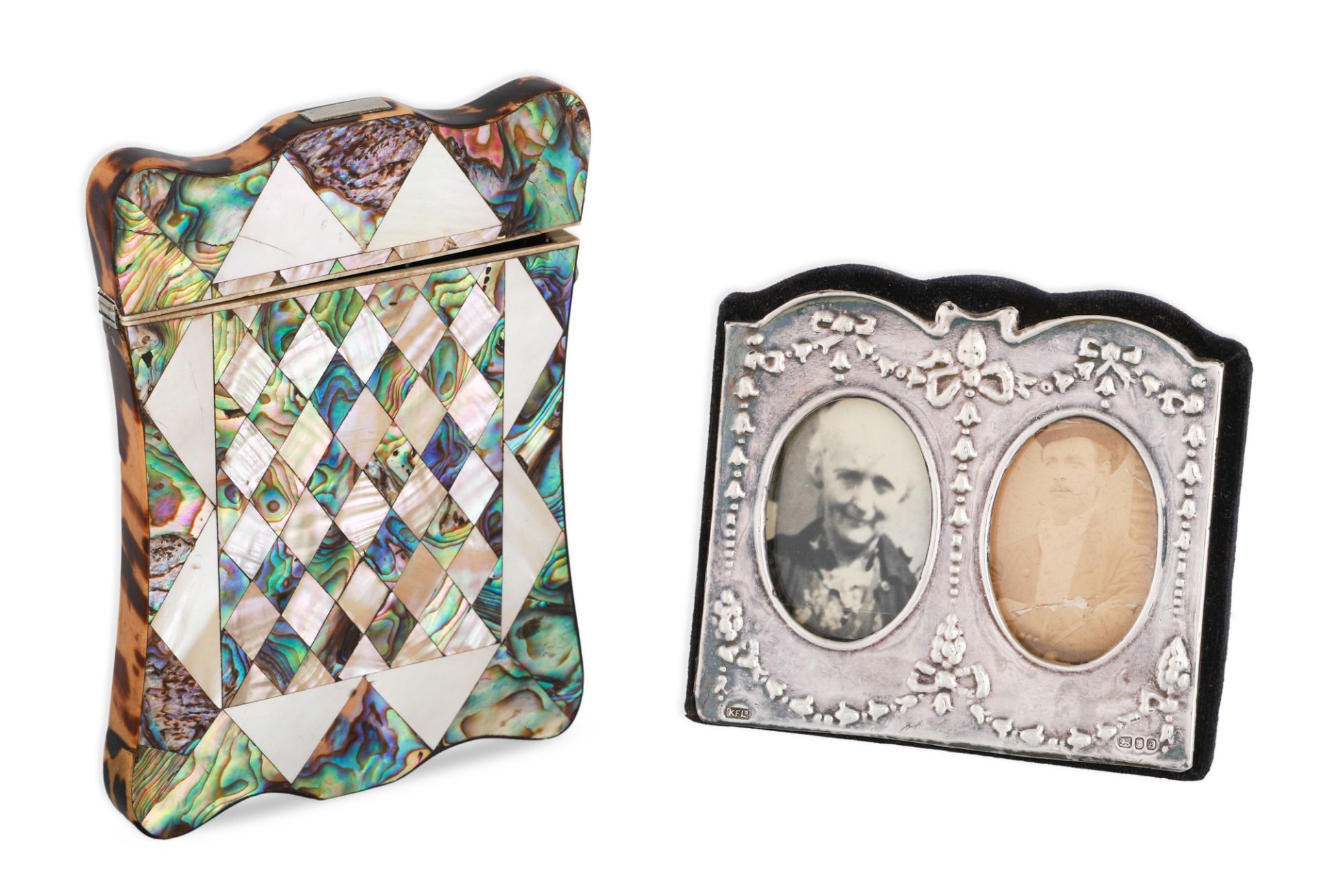 AN ANTIQUE VICTORIAN CARD CASE, in coloured abalone & mother of pearl shells, trimmed with